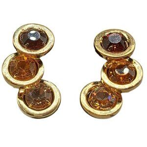 BH China Clip-On Earrings Amber & Brown Rhinestones Vintage Gold Tone